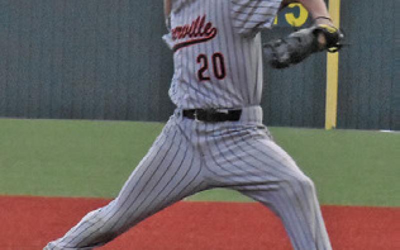 AXEL NOYOLA hurls a pitch on Friday, April 17, against Mumford in Mumford. Tribune photo by Roy Sanders