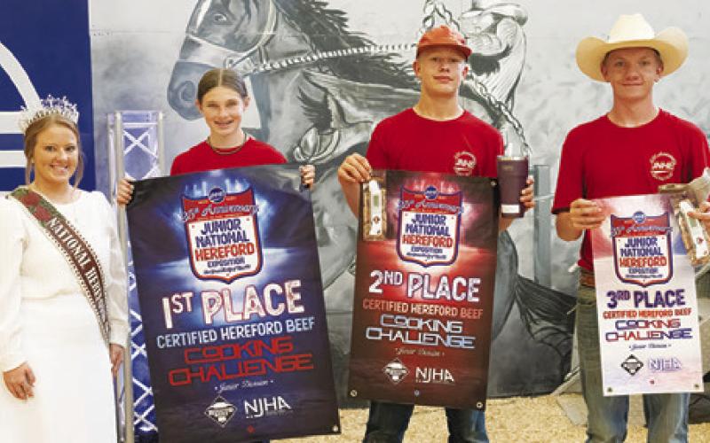 AUBREY LOCKHART placed second in the Junior division of the Certified Hereford Beef (CHB) Cooking Challenge during the 2024 Junior National Hereford Exposition. Pictured, from left, are National Hereford Queen Marie Prodell, Sedona Sifford, Lockhart and Jarrett Worrell.