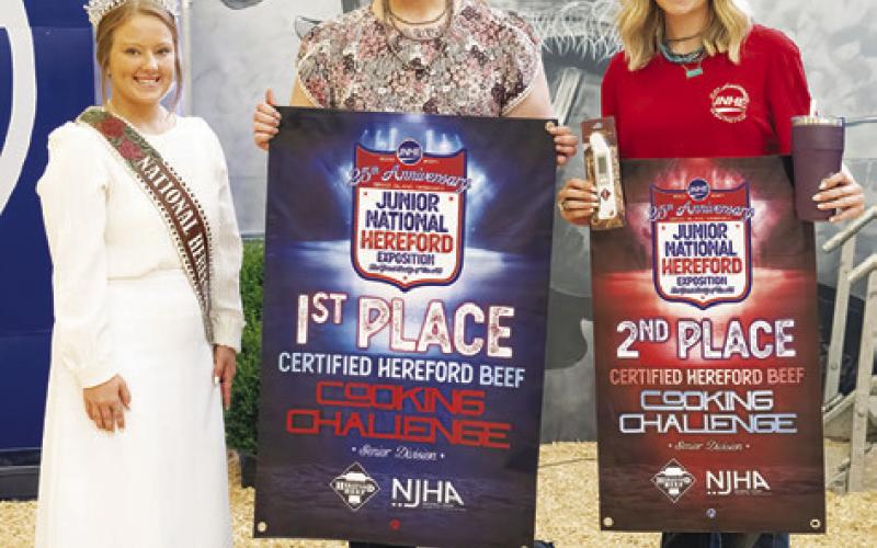 DEVON LOCKHART placed second in the Senior division of the Certified Hereford Beef (CHB) Cooking Challenge during the 2024 Junior National Hereford Exposition. Pictured, from left, are National Hereford Queen Marie Prodell, Brooke Aue and second Lockhart.