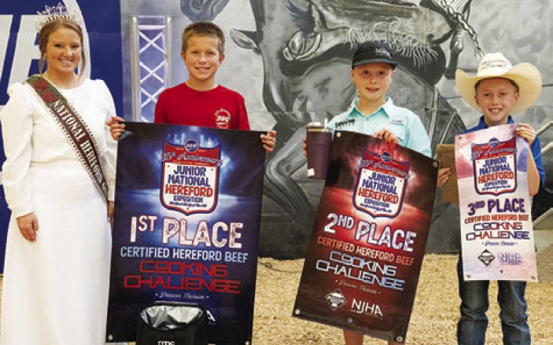 BRAXTON LOCKHART won the Peewee division of the Certified Hereford Beef (CHB) Cooking Challenge during the 2024 Junior National Hereford Exposition. Pictured, from left, are National Hereford Queen Marie Prodell, Lockhart, Brecken Eatherton and Cooper Acheson.