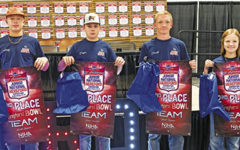 AUBREY LOCKHART was a member of the Texas team which was the junior Reserve Champion in the Hereford bowl contest at the 2024 Junior National Hereford Exposition. Pictured are, from left, Lockhart, Gage Creamer, Jarrett Worrell and Kinleigh Jo Guidry.