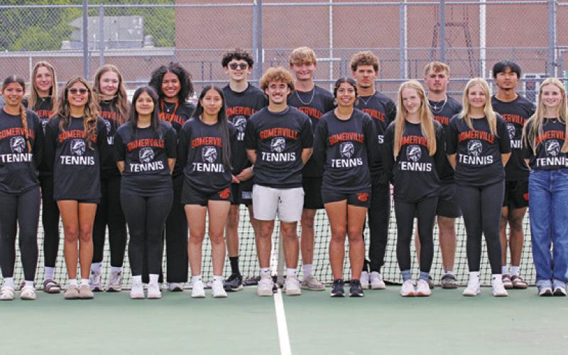 THE 2026 SOMERVILLE HIGH SCHOOL tennis team is, from left, back, Anette Reyna, Abigail Richardson, Hadley Howe, Emma Williams, Ethan Ramirez, Gage Tuck, Jayden Young, Luke Moses, Kaleb Leang, Bryan Work, front, Capri Alejandro, Bella Orozco, Emily Garza, Yoanna Mata, Colt Holton, Alexi Alejandro, Aubrey Flencher, Audrey Schoenberg and Rhyan Ricci.