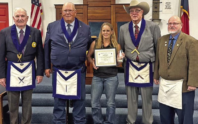 SHELLY SPIVEY WAS RECENTLY recognized by Warren Lodge #56 with the Community Builder’s Award for the Grand Lodge of Texas. This award is to recognize someone in the community who has exemplified leadership and has been a vital part of the community’s successes. Pictured, from the left, are Tommy Griffin, Bill Sargent, Spivey, Gail Blackmon and Ken Wiltz.