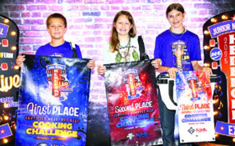 JUNIOR COOK-OFF WINNERS at the Junior National Hereford Expo are pictured. From left: First place, Braxton Lockhart of Caldwell; second, Madelyn Beaver, Grandview, Texas; and third, Sedona Sifford, Goldvein, Virginia. Photo courtesy of Chloe Durian