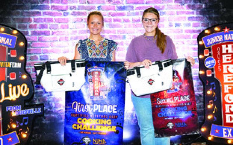 SENIOR COOK-OFF WINNERS at the Junior National Hereford Expo are pictured. From left: First place, Devon Lockhart of Caldwell; second, Brooke Aue, Auburndale, Wisconsin. Photo courtesy of Chloe Durian