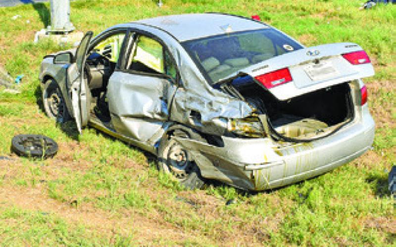 THIS HYUNDAI CAR was damaged in the Friday, Oct. 11, accident on State Highway 21 West and F.M. 908. Tribune photo by Roy Sanders