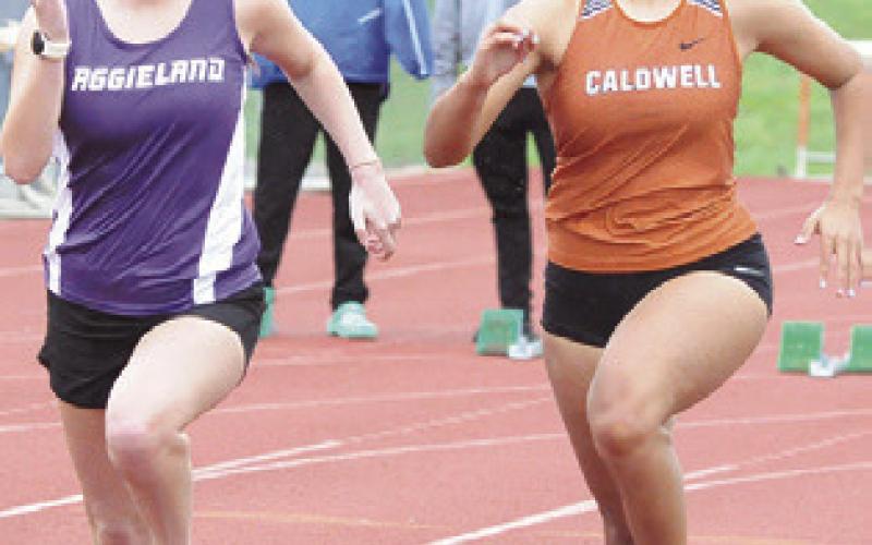 GRACE CHOLLETT represents the Caldwell girls during last week’s Happy Skrabanek Relays. -- Tribune photo by Denise Squier