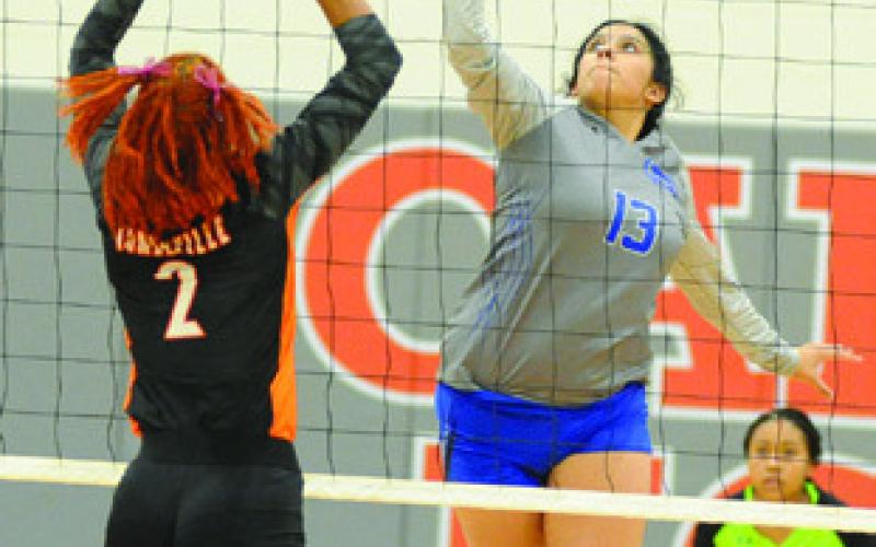 SNOOK’S KARLA LARA REACHES to get the ball past Somerville’s Ra’Maya Carter during the teams’ playoff match in Caldwell.
