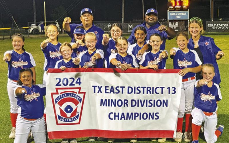 THE BURLESON COUNTY LITTLE LEAGUE MINOR Softball Team won the Texas East District 13 title last week in Sealy and qualified for Sectionals, beginning July 5 in Elgin. The team includes Avery Balboa, Bailey Barnes, Paisley Brack, Makayla Collins, Jesenia Herrera, Macee Lewis, Karlee Praesel, Zoey Gausin, Braely Polasek, Carly Sheppard, Olivia Zamora and Caegan Kouatli. The team is coached by Adrian Sheppard, Haley Balboa and Flo Ortega.
