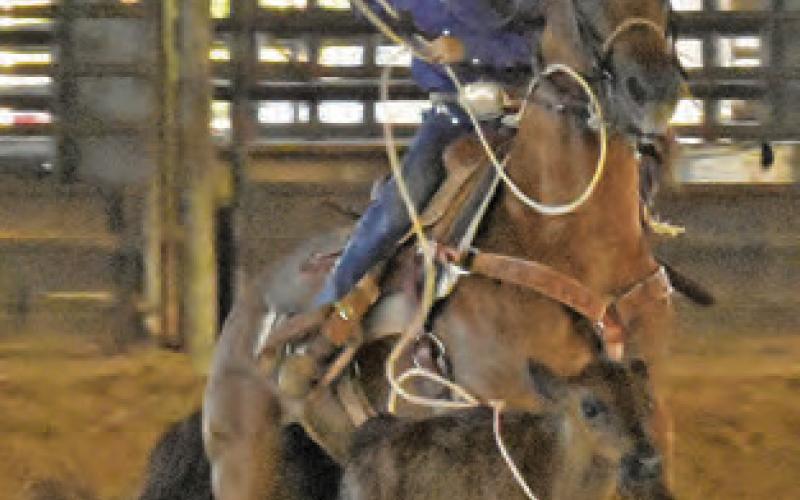 PETE SCARMARDO competes in junior tiedown last Friday at the Burleson County Saddle Club Youth Rodeo.