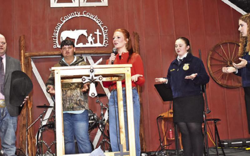 BURLESON COUNTY EXTENSION Agent John Grange, left, is joined by local youth at the Ag Breakfast. They include Logan Barnes, Cayle Canon, Hadley Howe and Kylie Jo Neuendorff.
