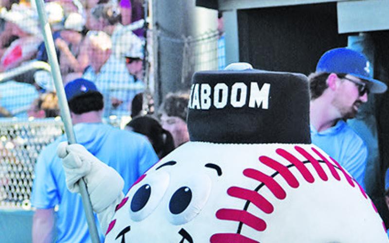 THE BRAZOS VALLEY Bombers and their mascot Kaboom exploded onto Hornet Field last Wednesday, July 1, for a pop-up game against the Lake Charles Gumbeaux Gators. Tribune photo by Roy Sanders