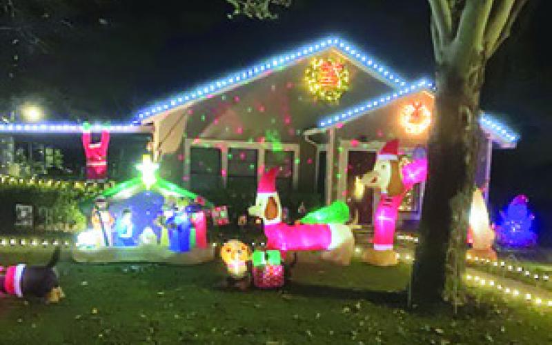 THE HOME OF DANIEL and Teresa Leschber at 208 Skrabanek was selected as the second place residence in the Snook EEA Christmas Lights of Snook with its myriad of inflatable happy puppies and a dachshund, celebrating the holidays in many ways.