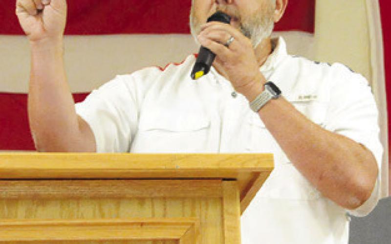 JOHN POLLOCK spoke at the MAGA/Trump rally about being a lawman today. Tribune photo by Denise Squier