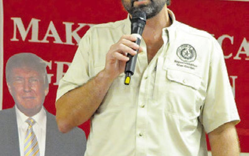 STATE REPRESENTATIVE Stan Gerdes addresses the crowd at last Thursday night’s MAGA/Trump Rally at the Burleson County Expo Center. Tribune photo by Denise Squier