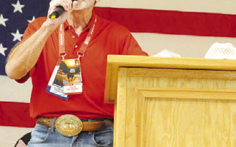 MARK BOLDGER spoke to those attending last week’s MAGA/Trump rally about his experience at the Republican National Convention in Milwaukee, Wisconsin, as a delegate. Tribune photo by Denise Squier