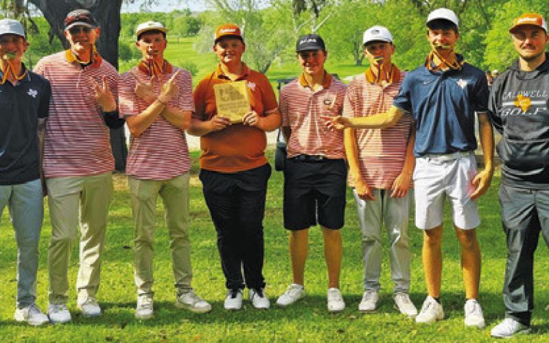 CALDWELL BOYS GOLF team members include, from left, Caden Schluens, Harrison Novak, Nathan Scott, Logan Barnes, Kaden Fritsche, Cobey McCuller, Grant McManus and Coach Jacob Schaefer.