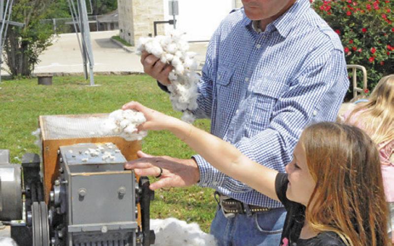 DALE MOTT demonstrates how a cotton gin separates raw cotton into cotton lint and seed during the Burleson County Czech Heritage Museum’s Heritage Day on Saturday in Caldwell.