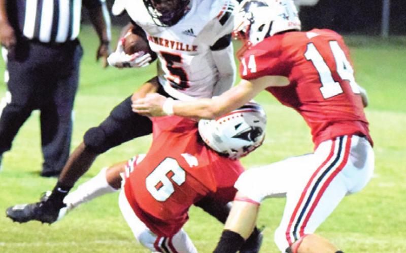 SOMERVILLE’S VERKOBE WOODBERRY returns a kickoff for 29 yards during the Yeguas’ loss to Burton last Friday night. Woodberry also scored Somerville’s lone touchdown -- a 67-yard TD pass from Johnny Legg in the second quarter. -- Tribune photo by Denise Squier.