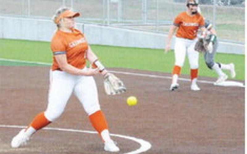 CALDWELL’S CALLIE FLETCHER pitches during the Lady Hornets’ game against Lexington last Thursday during the annual Caldwell SWARM Tournament at Lady Hornet Field. -- Tribune photo by Denise Squier