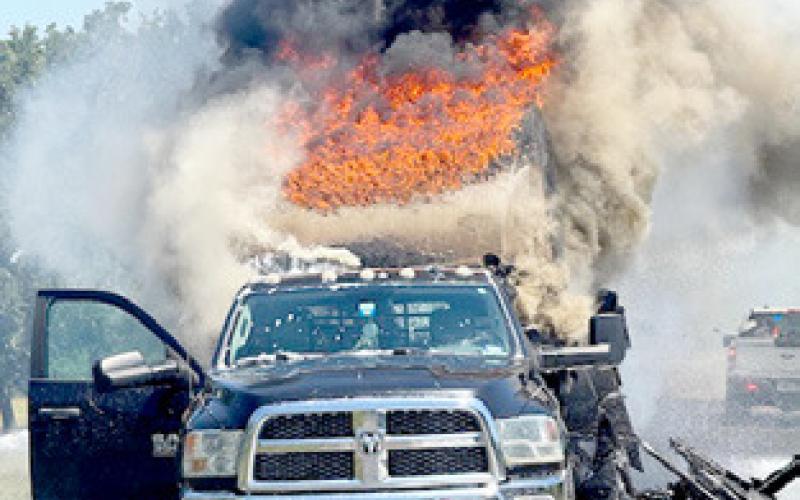 AREA VOLUNTEER firefighters responded to this fire late Tuesday morning, May 13, that erupted on Thornberry Drive in Somerville. The driver of a 1-ton pickup was pulling a travel trailer which caught on fire. However, the driver was not injured.