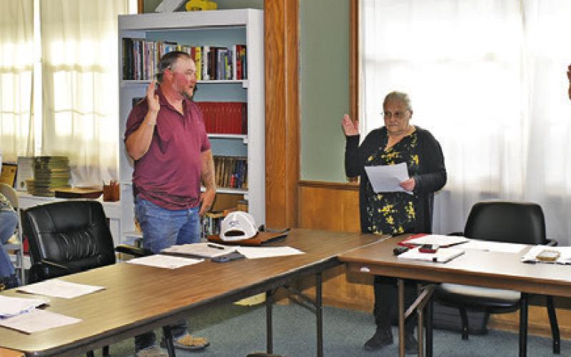 SOMERVILLE CITY COUNCIL members are sworn into office on May 13. They include, from left, Delfino Orozco, Kyle Hill and Mayor Tommy Thompson.