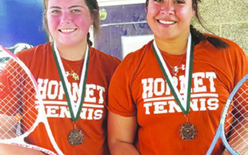 CALDWELL’S HannaRae Clark and Miranda Polasek won the D draw consolation title in girls doubles at the Rudder Ranger Roundup.