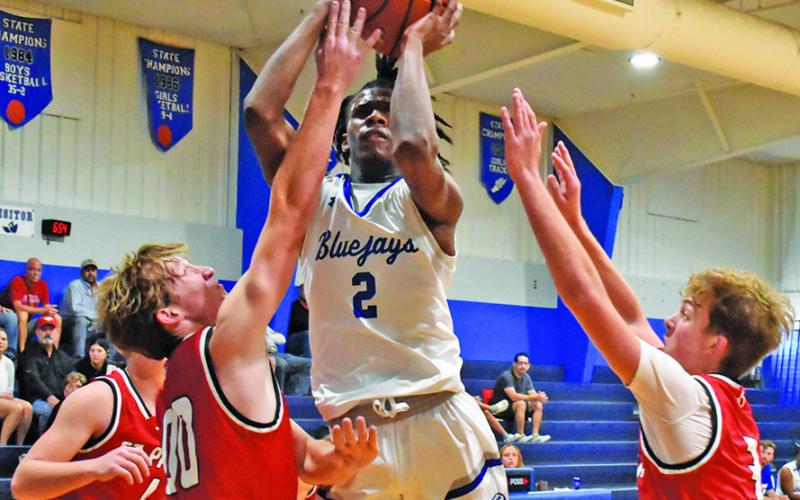 JIMMY KEARNEY OF Snook takes a shot despite heavy pressure from the St.Paul defense in the Bluejays’ 54-38 win. Tribune photo by Roy Sanders