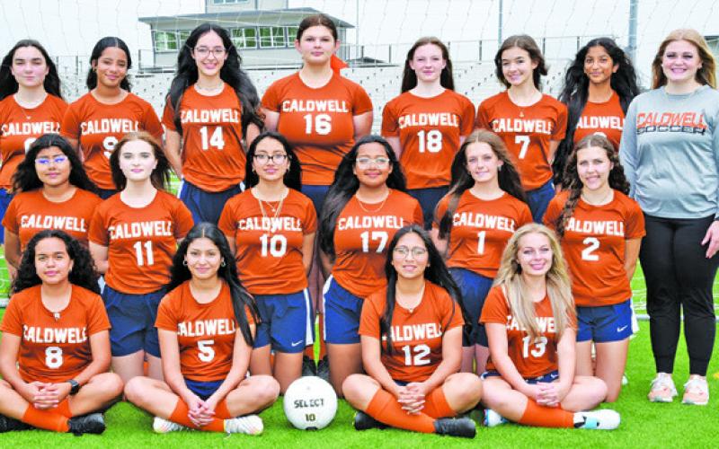 THE 2023 CALDWELL HIGH SCHOOL LADY HORNET SOCCER TEAM is, from left, front, Poala Rodriguez, Cady Aguilera, Cassandra Cazares, Gracelynn See, middle, Matilda Bautista, Emily Kubicek- West, Marissa Yanez, Ashley Rivera, Faith Vann, Adriana Stegall, back, Macelynn Smith, Mercy Chollett, Sarah Segovia, Jillyian Marco, Cadie Coston, Abilene Chism, Heer Patel and Coach Cayla Golson. -- Photo courtesy of Dianne Pursch Photography