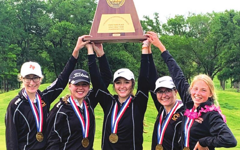 THE LADY HORNET GOLF TEAM FINISHED third in the state in Class 3A at the UIL Girls State Golf Tournament last week at ShadowGlen Golf Club in Manor. Pictured, from left, are Alexis Zalobny, Rachel Novosad, Priscilla Olivarez, Hannah Blaha and Maegan Schneider.
