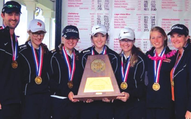 THE LADY HORNET GOLF TEAM FINISHED third in the state in Class 3A at the UIL Girls State Golf Tournament last week at Shadow-Glen Golf Club in Manor. Pictured, from left, are Coach Justin Hale, Alexis Zalobny, Rachel Novosad, Priscilla Olivarez, Hannah Blaha, Maegan Schneider and Coach Stephanie Ferguson.