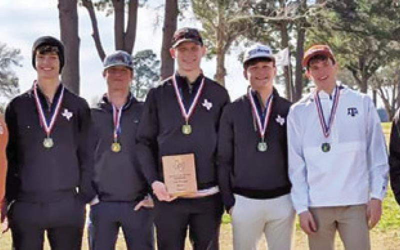 CALDWELL BOYS GOLF team members include Grant McManus, Kaden Schluens, Harrison Novak, Cobey McCuller, Nathan Scott and coaches Marcus Escalante and Jacob Schaefer.