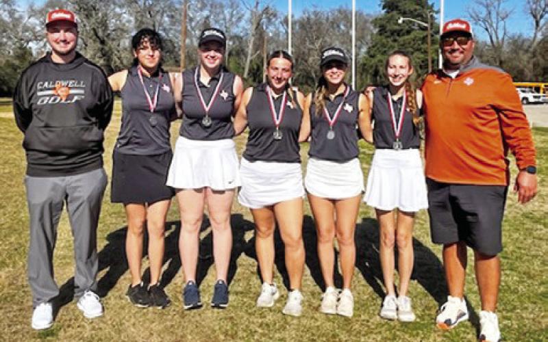 CALDWELL GIRLS GOLF team members include, Caroline Segovia, Alison Krueger, Tanzley Johnson, Ciara Coker, Madi Schneider and coaches Jacob Schaefer and Marcus Escalante.