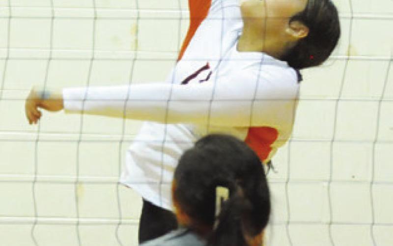 GRACEE GRIFFENSTEIN gets one of her seven kills against Hempstead last Friday night during the Somerville-Hempstead match. Tribune photo by Denise Squier