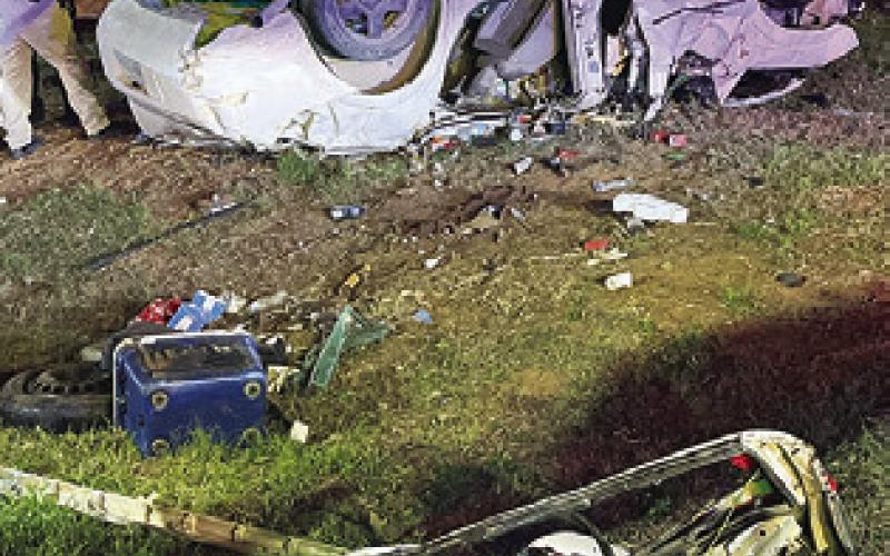 THE WRECKAGE of this car is shown after a rollover accident on F.M. 975. See story inside.