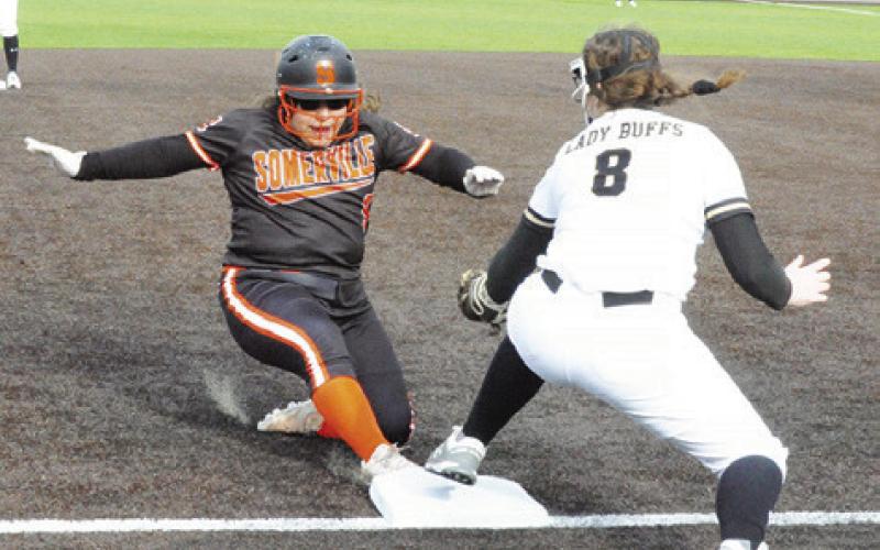 SOMERVILLE’S WENDY PEREZ slides into third base during the Lady Yeguas’ game against Giddings at the Thrall Softball Tournament last week.