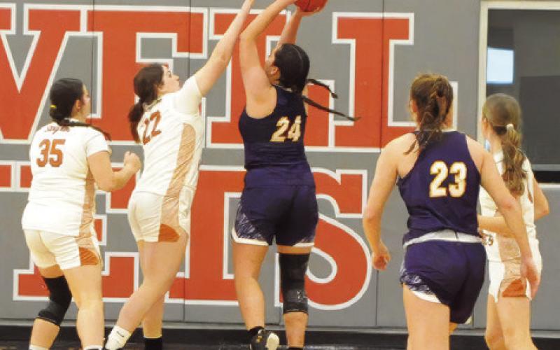 CALDWELL’S HANNARAE CLARK defends a St. Joseph player under the goal during last Friday’s game in Hornet Gym. Tribune photo by Denise Squier