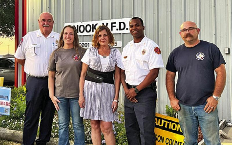 GRETCHEN LIVENGOOD VISITED the Snook VFD to thank the first responders she credits with saving her life after a July 29 crash left her hospitalized. Tribune photo by Sabine Lazo