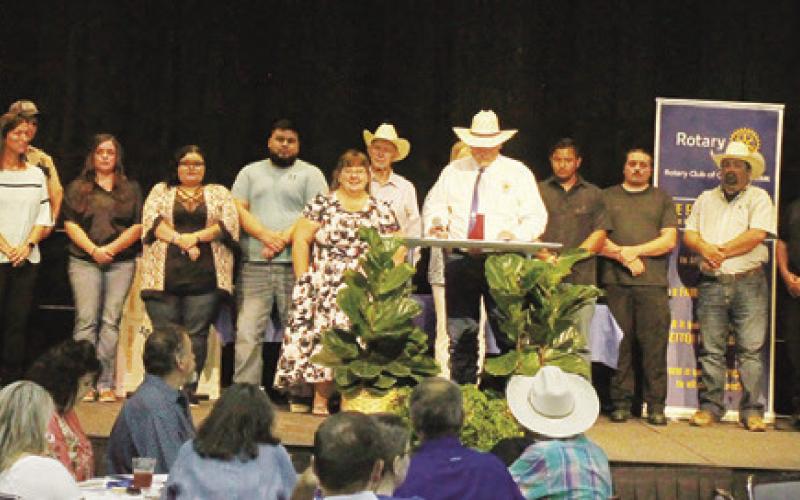 THE ENTIRE BURLESON COUNTY SHERIFF’S Office took the stage to honor former sheriff Dale Stroud with the “Guardian of Burleson County” award last Friday night.