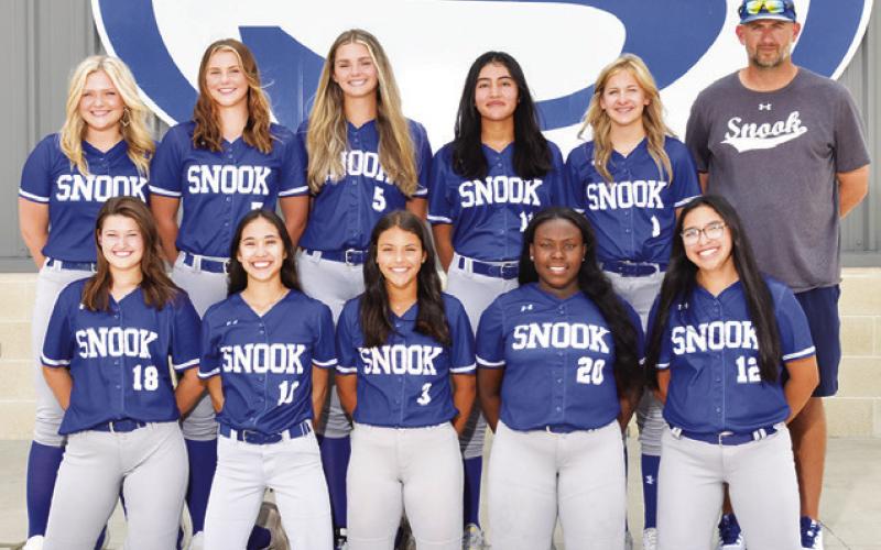 THE 2023 SNOOK HIGH SCHOOL LADY JAY SOFTBALL team is, from left, back, Aubrey Becker, Payton Sodolak, Alexis Macik, Azul Ramos, Taylor Groce, Coach Dylan Conway, front, Patricia Morse, Carmen Miller, Marissa Batiste, Mackenize Moore and Mayette Arredondo.