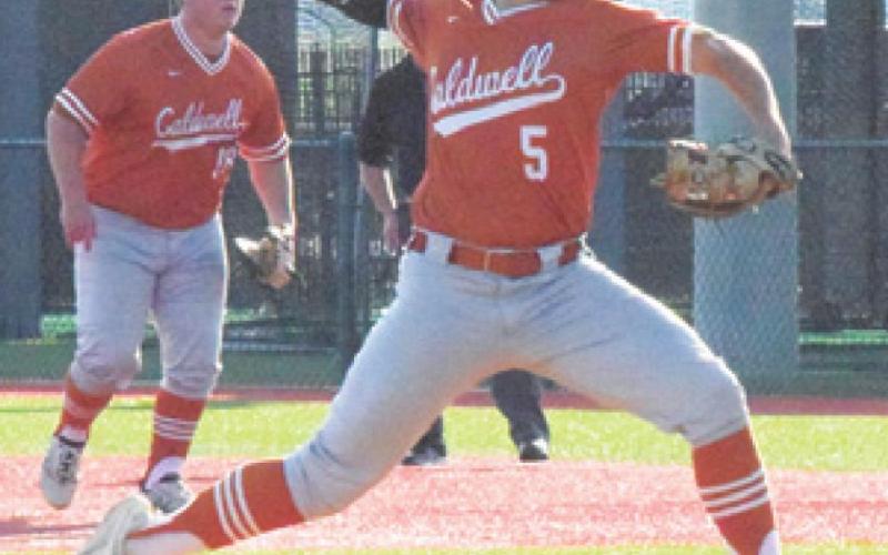 CALDWELL’S IAN REYES pitches for the Hornets during Game 2 of their playoff series against Troy on Friday in Mumford.