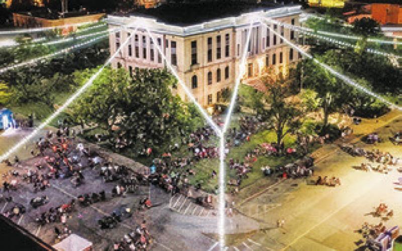 THIS AERIAL PHOTO of downtown Caldwell was taken during one of the Caldwell Main Street Summer Concert Series events last year. This Saturday, Texas Unlimited Band (TUB) will open up the 2024 series at 8 p.m.