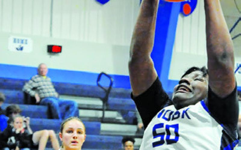 MYKIA MUNSON pulls down a rebound as Fayetteville’s Cambree Denham looks on.
