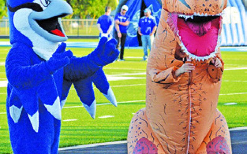 THE BLUEJAY and a local dinosaur had fun at last week’s “Meet the Bluejays” at Bluejay Stadium in Snook. Tribune photo by Kimberly Hutcheson