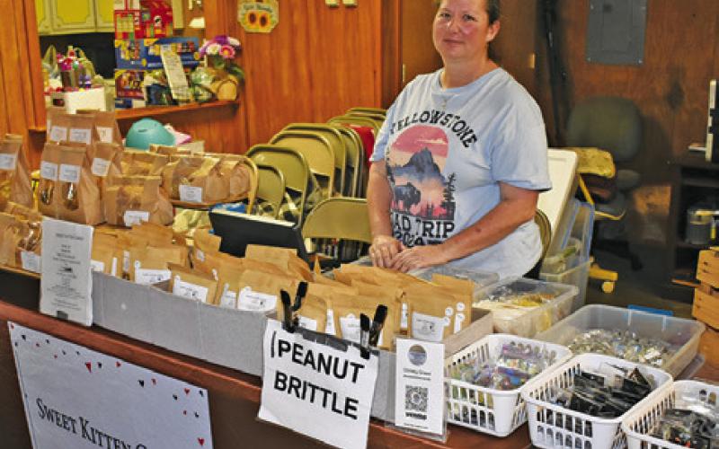 CHRISTY GRASSL OF Sweet Kitten Candy is at her display booth on Saturday, March 29, at the Chriesman Craft &amp;amp; Yard Sale at the Chriesman Community Center. The event drew several vendors.