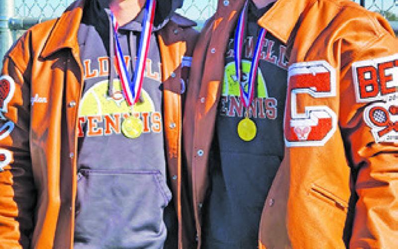 CONNOR HUGHSON and Waylon Chapman won the boys’ doubles title at the Caldwell Tennis Tournament last week.