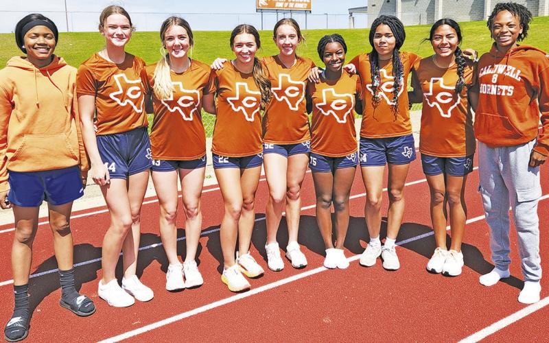 CALDWELL HIGH SCHOOL GIRLS regional track and field qualifiers are, from left, JaKayla Kearney, Katelynn Brock, Hannah Muzny, Natalie Eastepp, Kylie Vogler, Amoree Denson, Angel Jones, Natalie Sorto and Ja’Asia Mathis. Not pictured is Mary Hancock.