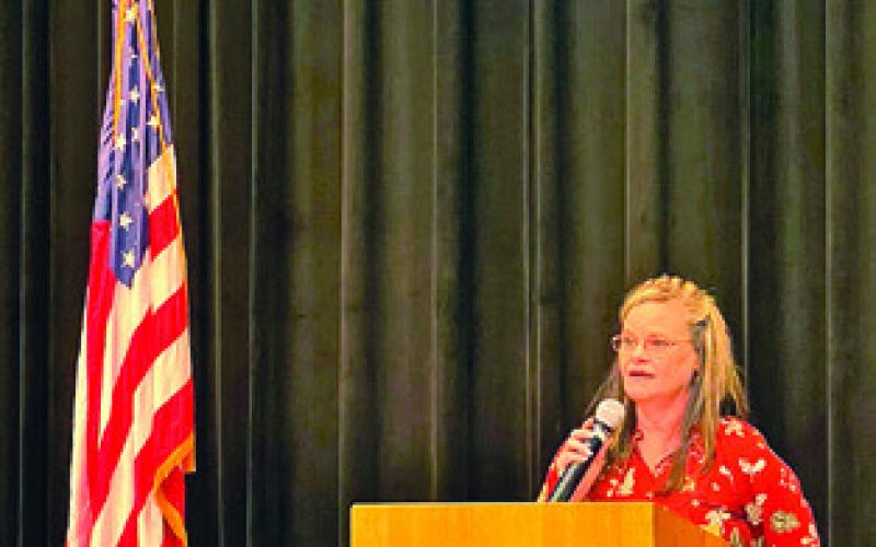 INCUMBENT CANDIDATE FOR county treasurer Stephanie Smith speaks at the Republican candidate meet and greet on Tuesday, Feb. 10. Tribune photo by Sabine Lazo