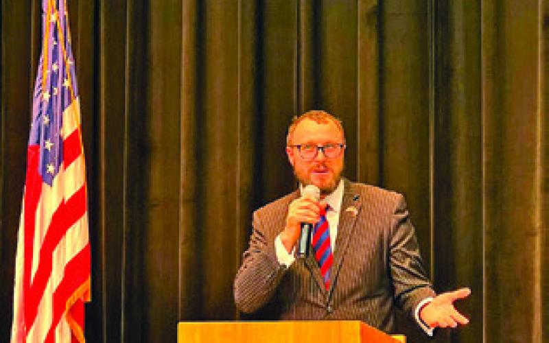 BRANDON HAWBAKER, CANDIDATE for United States Representative, District 10, speaks at the Burleson County Republican Party candidate meet and greet on Tuesday, Feb. 10. Tribune photo by Sabine Lazo