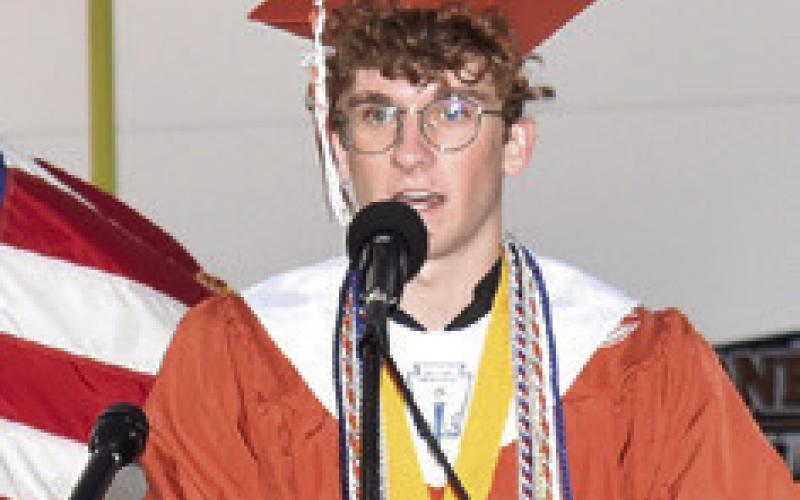 KADEN ROSKEY delivers his Salutatorian Address at the Friday commencement.